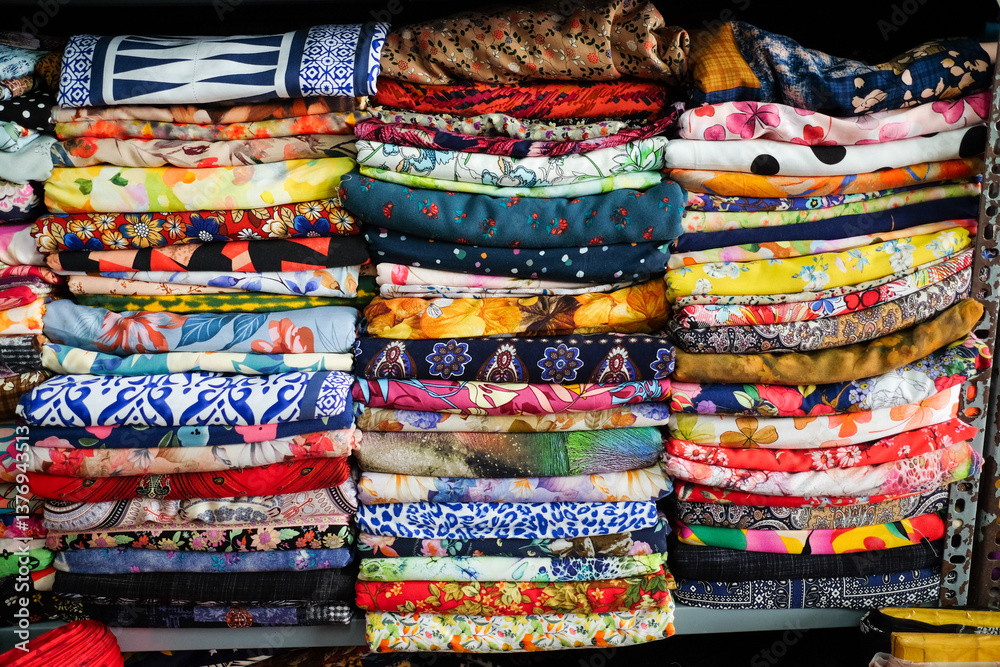 Large Pile of Folded Colorful Textiles Large Pile of Folded Colorful Textiles