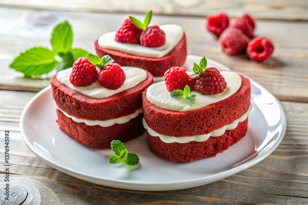 Delicious Heart-Shaped Red Velvet Cakes on Elegant Plate for Romantic Celebration Delicious Heart-Shaped Red Velvet Cakes on Elegant Plate for Romantic Celebration