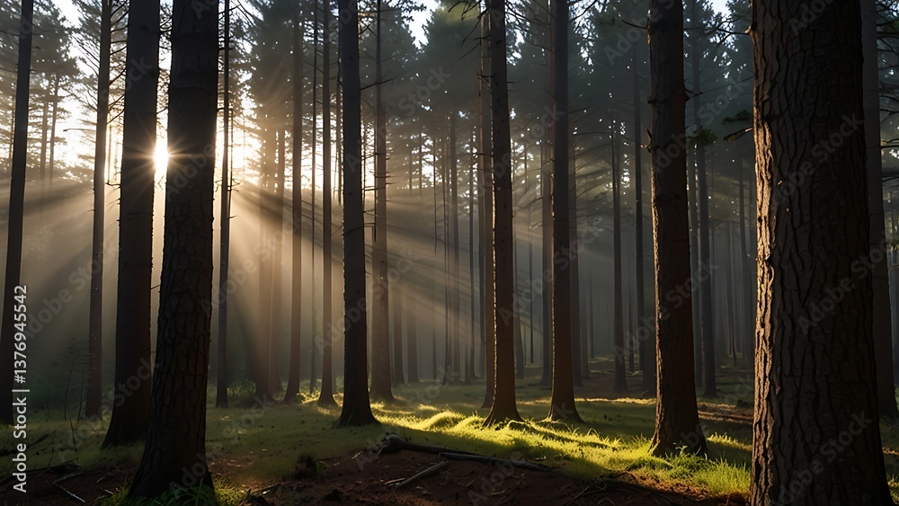 Obraz premium ray of light in the pine forest in the morning