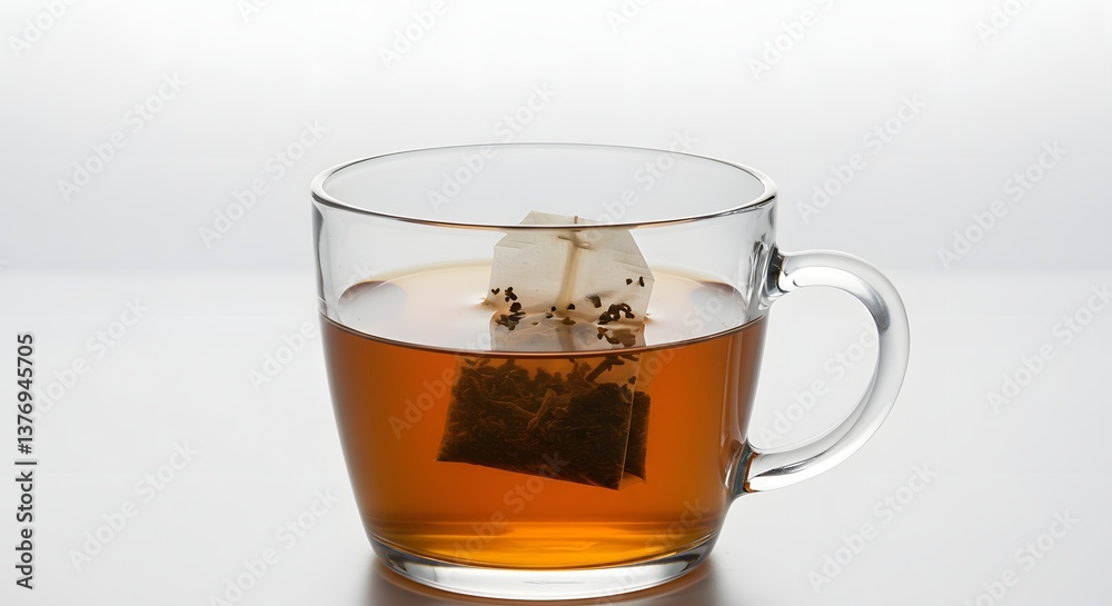 Brewing Tea with Teabag in Clear Glass Mug on White Background Brewing Tea with Teabag in Clear Glass Mug on White Background