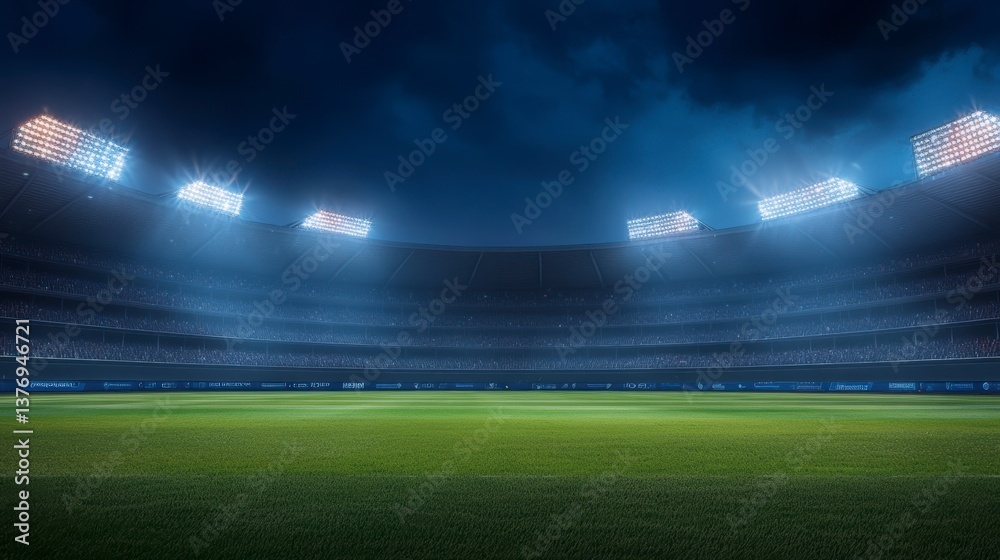 Empty night stadium with bright lights illuminating green field and dark stands. Empty night stadium with bright lights illuminating green field and dark stands.