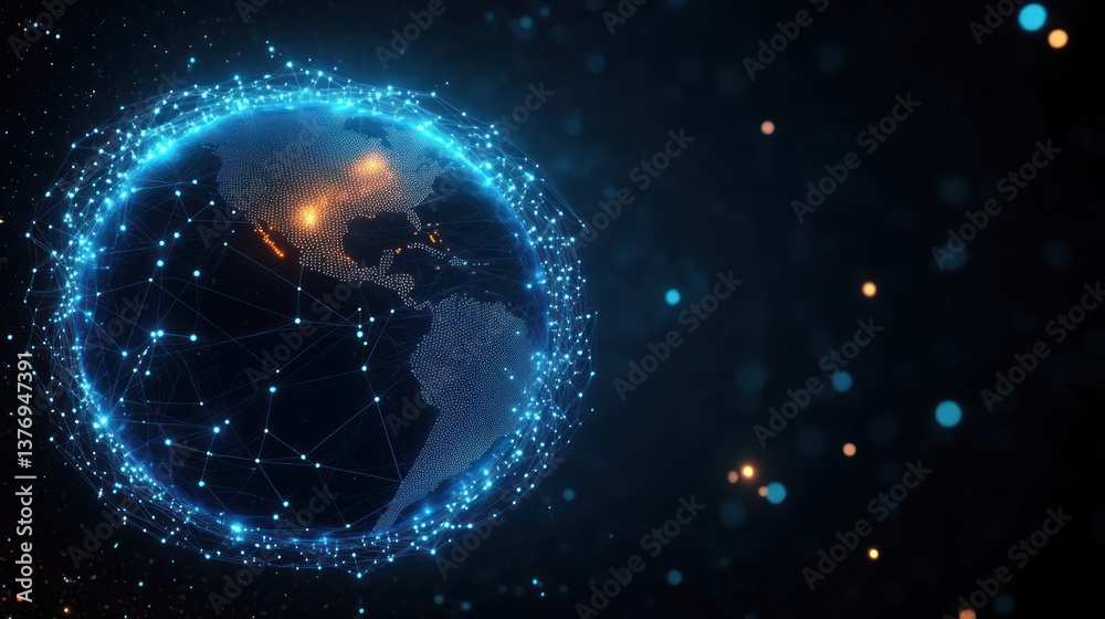 Obraz premium Futuristic Global Network and Communication Concept Visualizing Earth with Luminous Rays in a Digital Cyberspace Setting