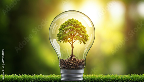 Eco Light Bulb with Green Tree, Sustainable Energy Concept