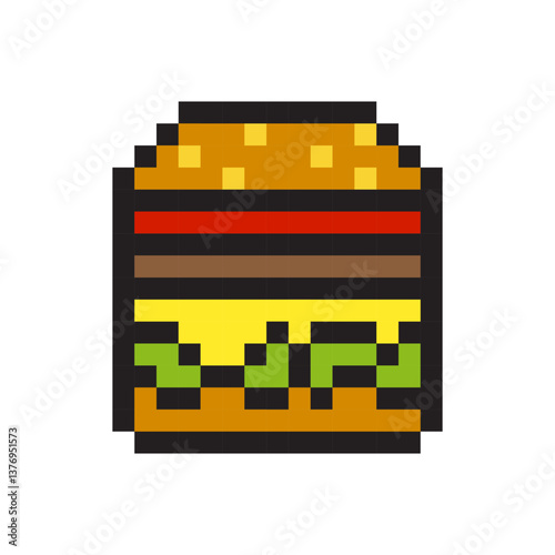 Pixel burger icon. Multi layered stack. Vector fast meal. Retro food concept.