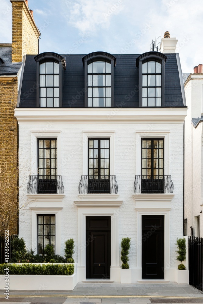 Obraz premium Elegant white townhouse with black accents in a quiet urban neighborhood, showcasing modern architecture and stylish design elements