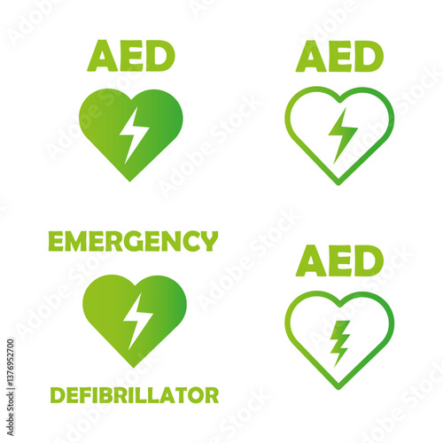 AED heart icon. Emergency defibrillator text. Green medical Vector. Lightning bolt shape.