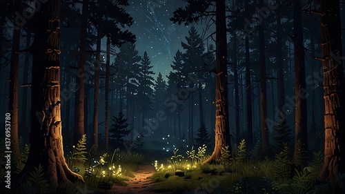 the nighttime pine forest is full of fireflies