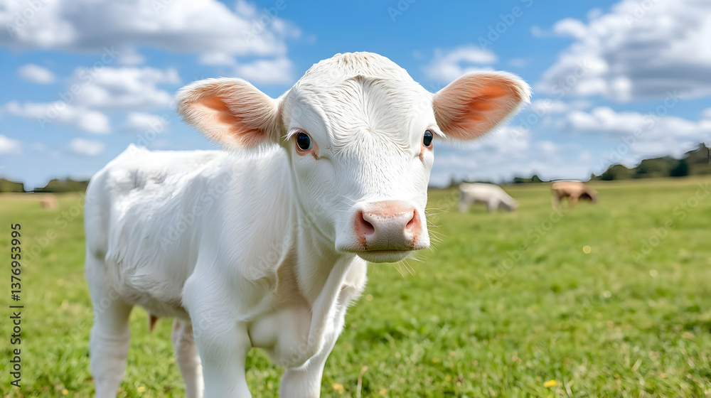 Adorable white calf in a green pasture, sunny day AI generative Adorable white calf in a green pasture, sunny day AI generative