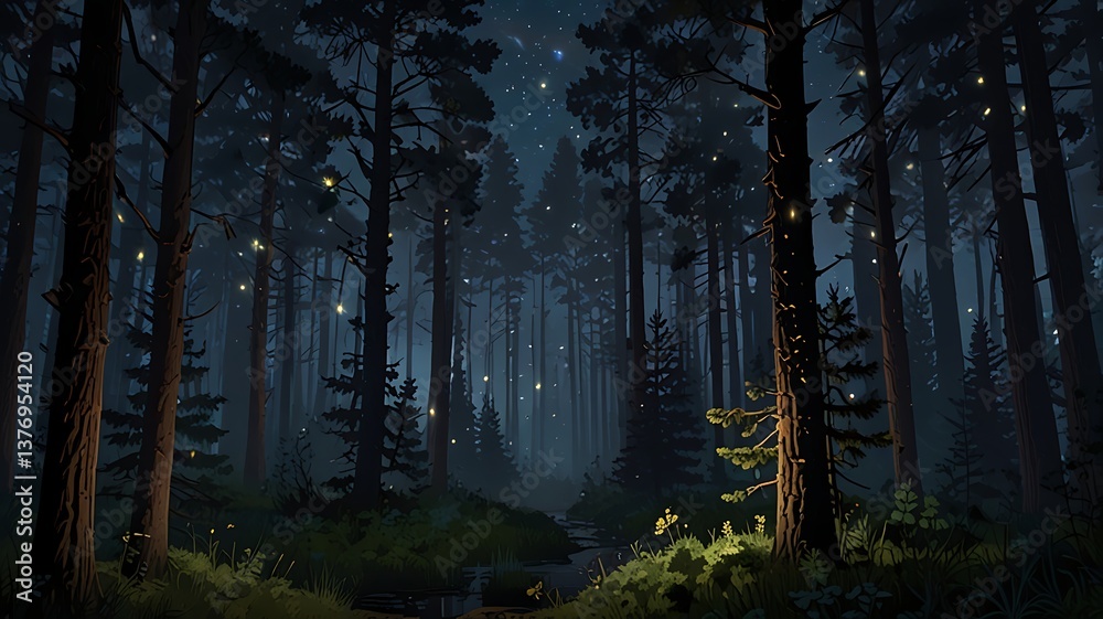 Obraz premium the nighttime pine forest is full of fireflies