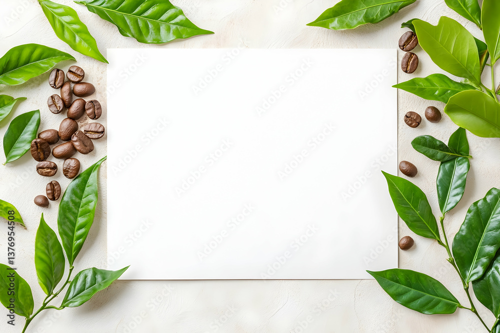 Naklejka premium Blank paper surrounded by coffee beans and leaves AI generative