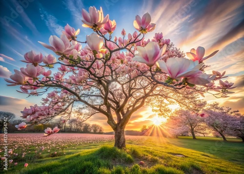 Dreamy Long Exposure Magnolia Tree Landscape at Dawn - Blooming Spring Flowers