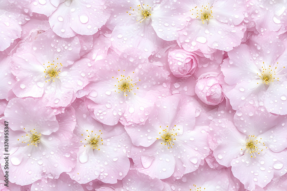 Close-up of delicate pink blossoms, densely packed, adorned with water droplets AI generative