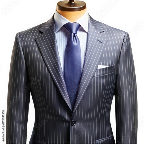 Stylish gray pinstripe suit on a mannequin, featuring a crisp white shirt and a formal blue tie, exuding sophistication and elegance.