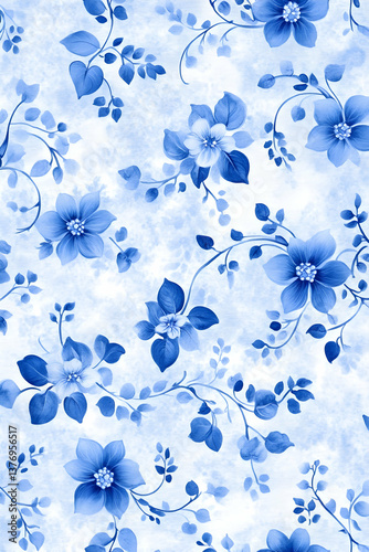 Delicate blue floral pattern on white background AI generative
