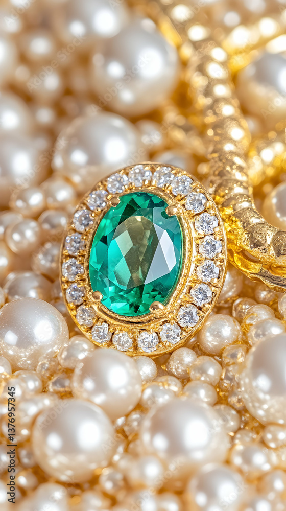 Emerald gemstone ring nestled in pearls AI generative Emerald gemstone ring nestled in pearls AI generative