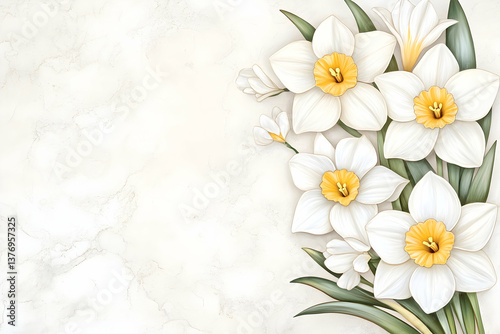 Elegant white daffodils bouquet on marble background AI generative