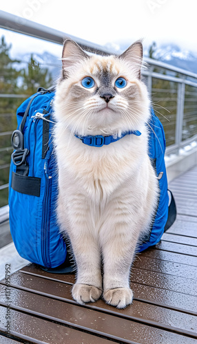 Fluffy blue-eyed cat sits beside a blue backpack outdoors AI generative