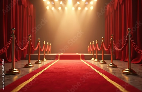 Red carpet entrance with velvet ropes spotlights. Cinema awards ceremony. Luxury entertainment event. Hollywood show celebration. Premiere glamour night. VIP access. Anticipation, excitement. Festive