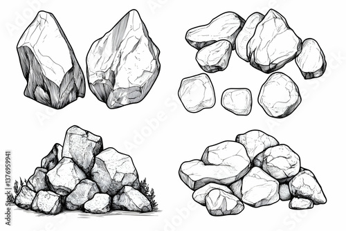 Hand-drawn illustration of various rock formations and piles, isolated on white AI generative