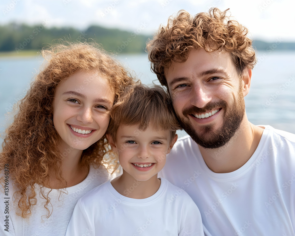Fototapeta premium Happy family portrait, outdoors, smiling, lake background AI generative