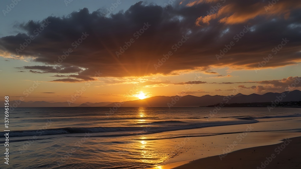 Obraz premium Very beautiful sunset on the beach with visible mountains in the distance