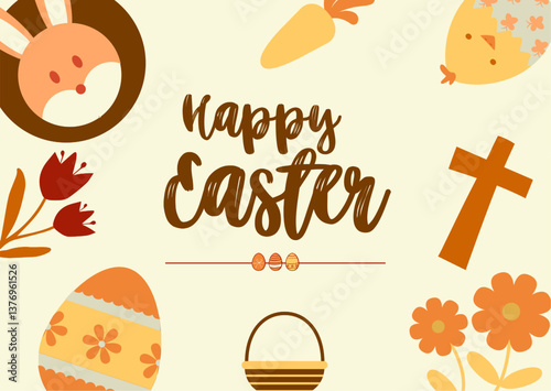 Greeting card Happy Easter design template background with cross, carrot, flower and egg. vector illustration easter celebration and tradition. Banner, poster, flyer.
