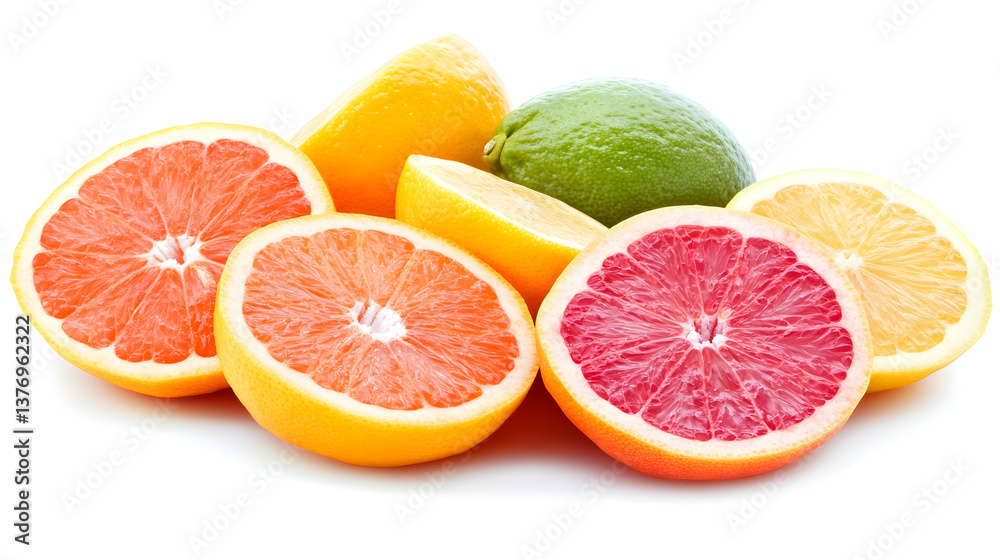 Juicy citrus fruit halves and whole lime on white background AI generative