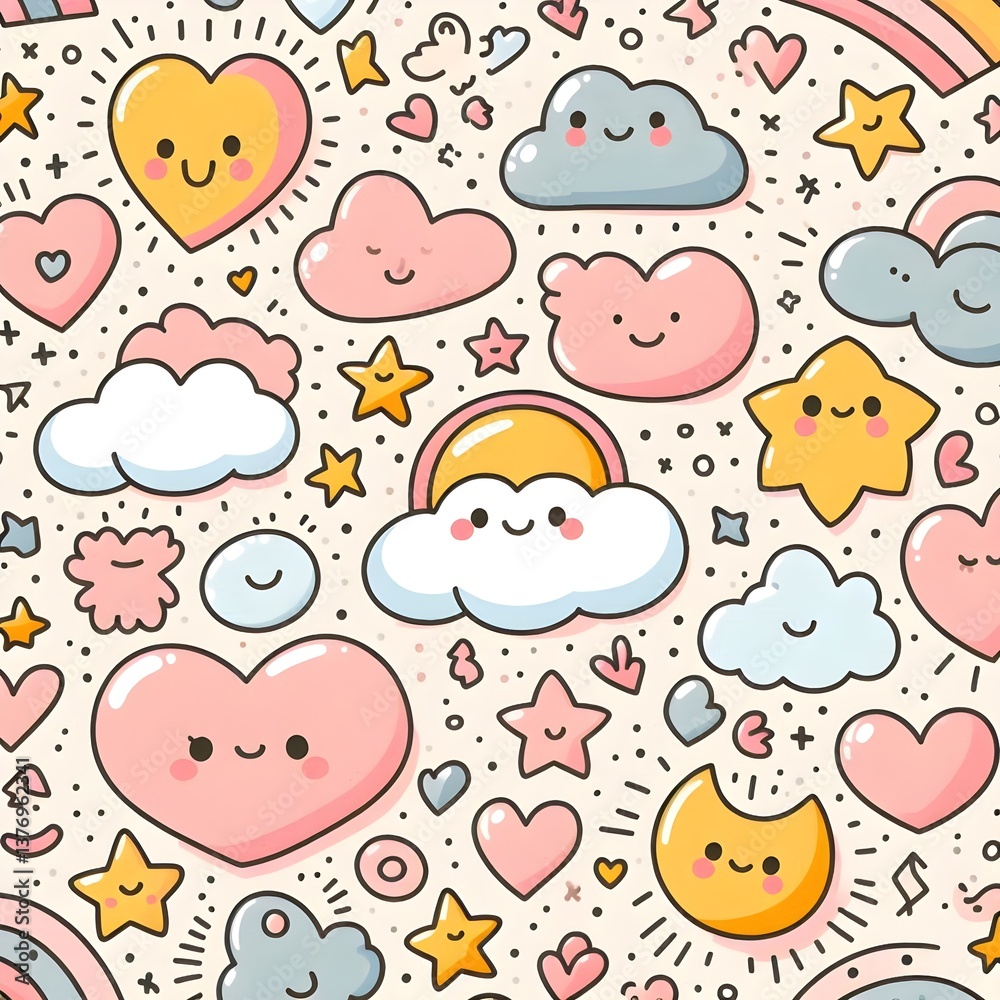 Cheerful ultra-HD background with playful doodles of hearts, stars, and smiling clouds in soft pastel tones. Cheerful ultra-HD background with playful doodles of hearts, stars, and smiling clouds in soft pastel tones.