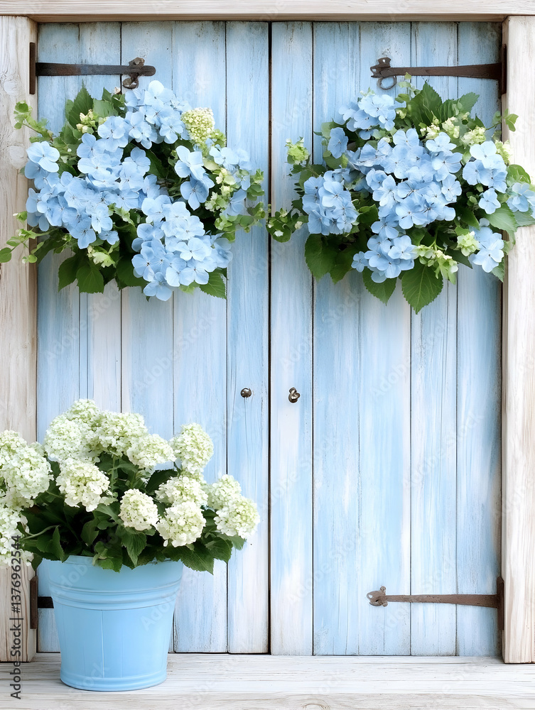 Fototapeta premium Light blue hydrangeas in pots adorn a rustic light blue wooden door AI generative