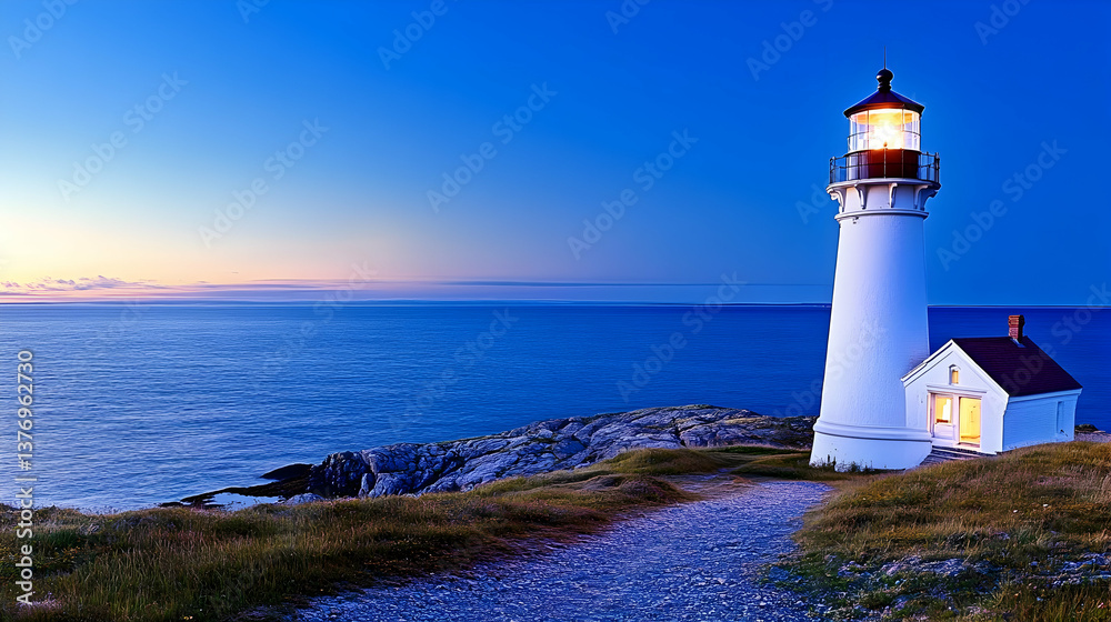 Luminous lighthouse on rocky coast at twilight, ocean view AI generative Luminous lighthouse on rocky coast at twilight, ocean view AI generative