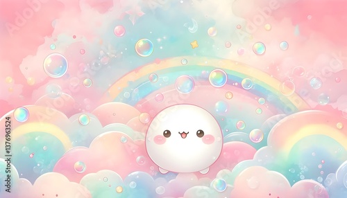 Dreamy ultra-HD background with gentle watercolor splashes and floating bubbles in pastel hues, presenting a kawaii-inspired design.