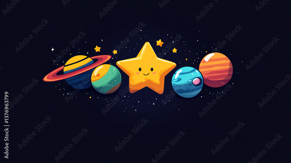 Naklejka premium a star playing hide-and-seek with a group of planets. 