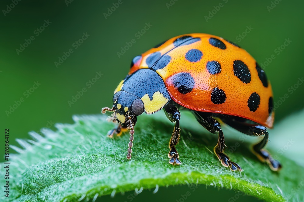 Brightly colored ladybug on a green leaf