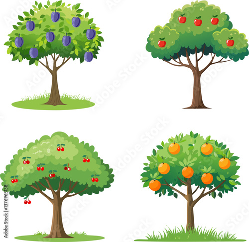 Fruitful Orchard: A vibrant collection of cartoon trees laden with ripe fruits, showcasing the diversity and bounty of nature's harvest.