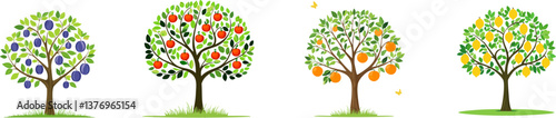 A Quartet of Fruity Trees: A collection of four stylized trees bursting with colorful fruits. Showcasing the diversity of nature's bounty.