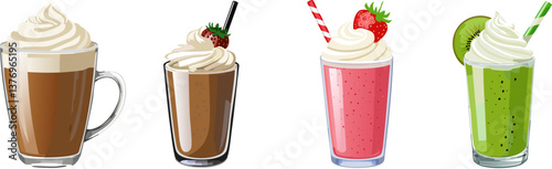 Refreshing drinks, Delightful Drinks: An array of refreshing beverages adorned with creamy whipped toppings and garnishes, perfect for a sunny day.