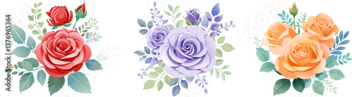 Vibrant Rose Collection: A captivating collection of meticulously illustrated roses in full bloom. Each rose showcases a unique color palette, complemented by lush green foliage and delicate buds.