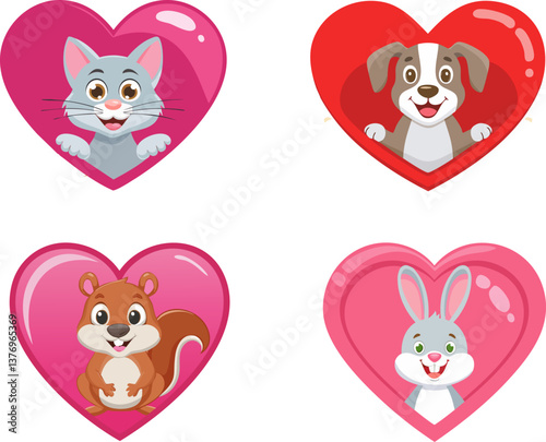 Cute animal friends in hearts: A collection of cute cartoon animals (cat, dog, squirrel, rabbit) peeking out from heart-shaped frames, ideal for expressing love, care, or friendship.