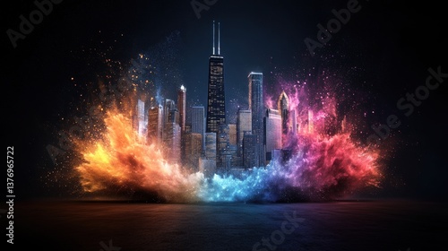 Vibrant and Dramatic Chicago Skyline Explosion of Warm and Cool-toned Energy Creating a Fantastical and Stylized Urban Scene of Pure Imagination