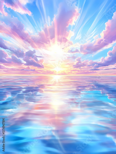 Serene sunrise over calm ocean, pastel colors reflected in water AI generative