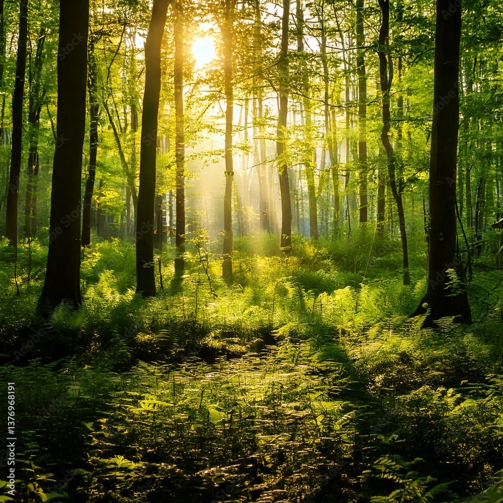 Fototapeta premium Breathtaking View of a Lush Green Forest with Sunlight Filtering Through Trees