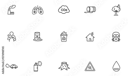A collection of pollution-themed outline icons, covering air contamination, industrial emissions, health risks, and environmental damage. Perfect for eco-awareness, infographics, and environmental cam