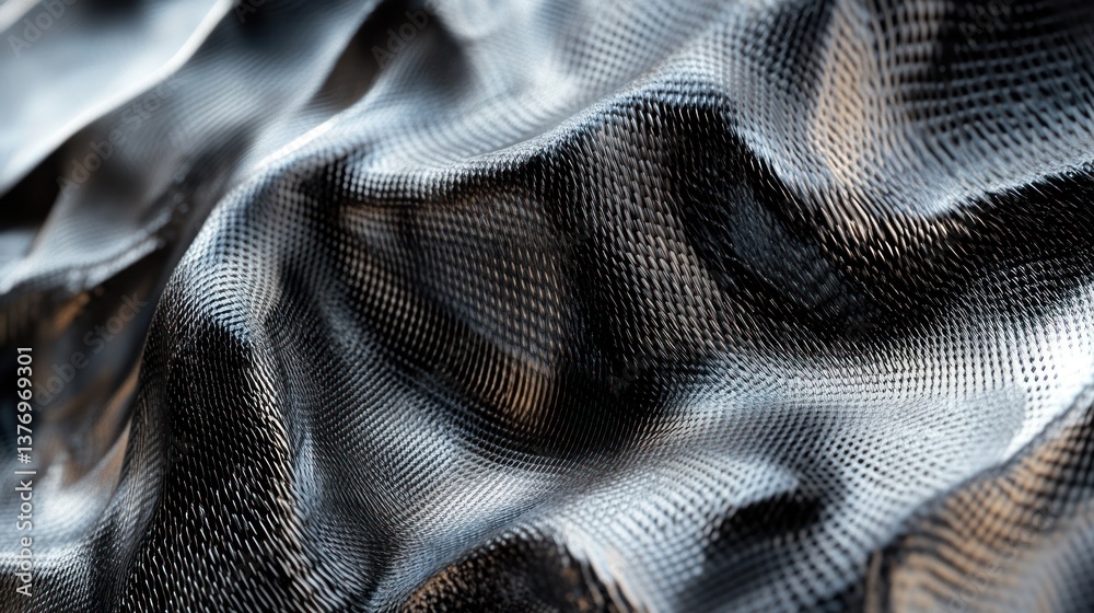 Naklejka premium Abstract, wavy, metallic fabric texture. A close-up view of a flowing, undulating material with a complex, grid-like pattern. The dark gray and light gray tones create depth and a sense of movement
