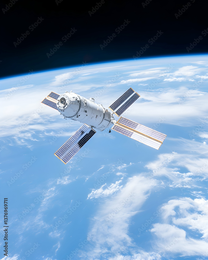 Obraz premium Spacecraft orbiting Earth, solar panels deployed, against a backdrop of blue atmosphere and dark space AI generative