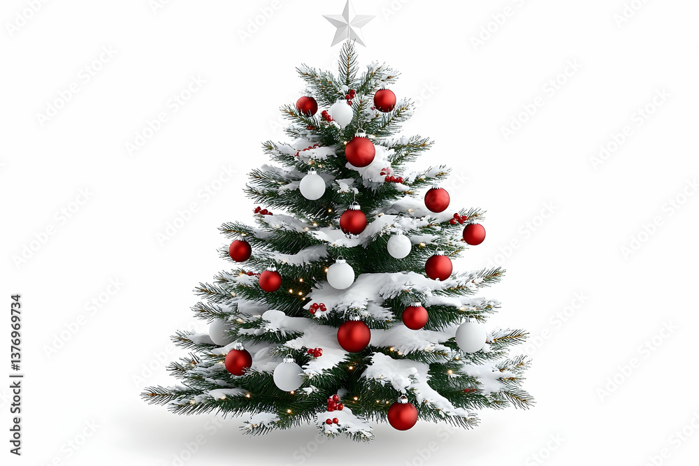 Snowy Christmas tree adorned with red and white ornaments AI generative Snowy Christmas tree adorned with red and white ornaments AI generative