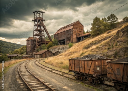 Industrial photography showcases a vintage mining railway's architecture and transportation heritage.