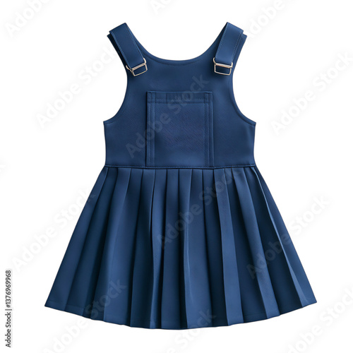 A Classic Navy Blue Pinafore Dress with Gold Buckle Isolated on Transparent Background