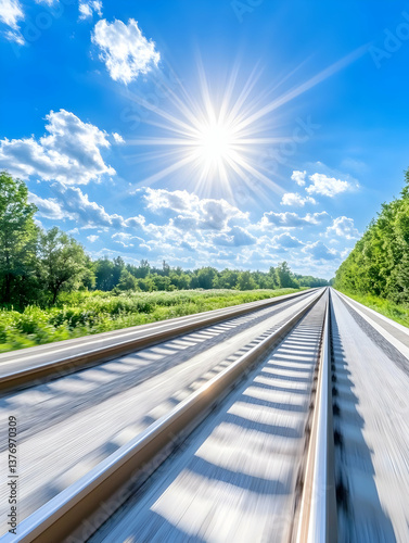 Sunlit railway tracks receding to horizon, vibrant green landscape AI generative