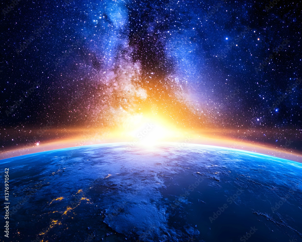 Fototapeta premium Sunrise over Earth, showcasing vibrant Milky Way galaxy above a partly illuminated planet AI generative
