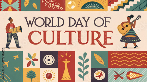 Illustrated banner for World Day of Culture depicting cultural exchange, artistic diversity, worldwide traditions through people, music, iconic sites. For branding and campaigns.